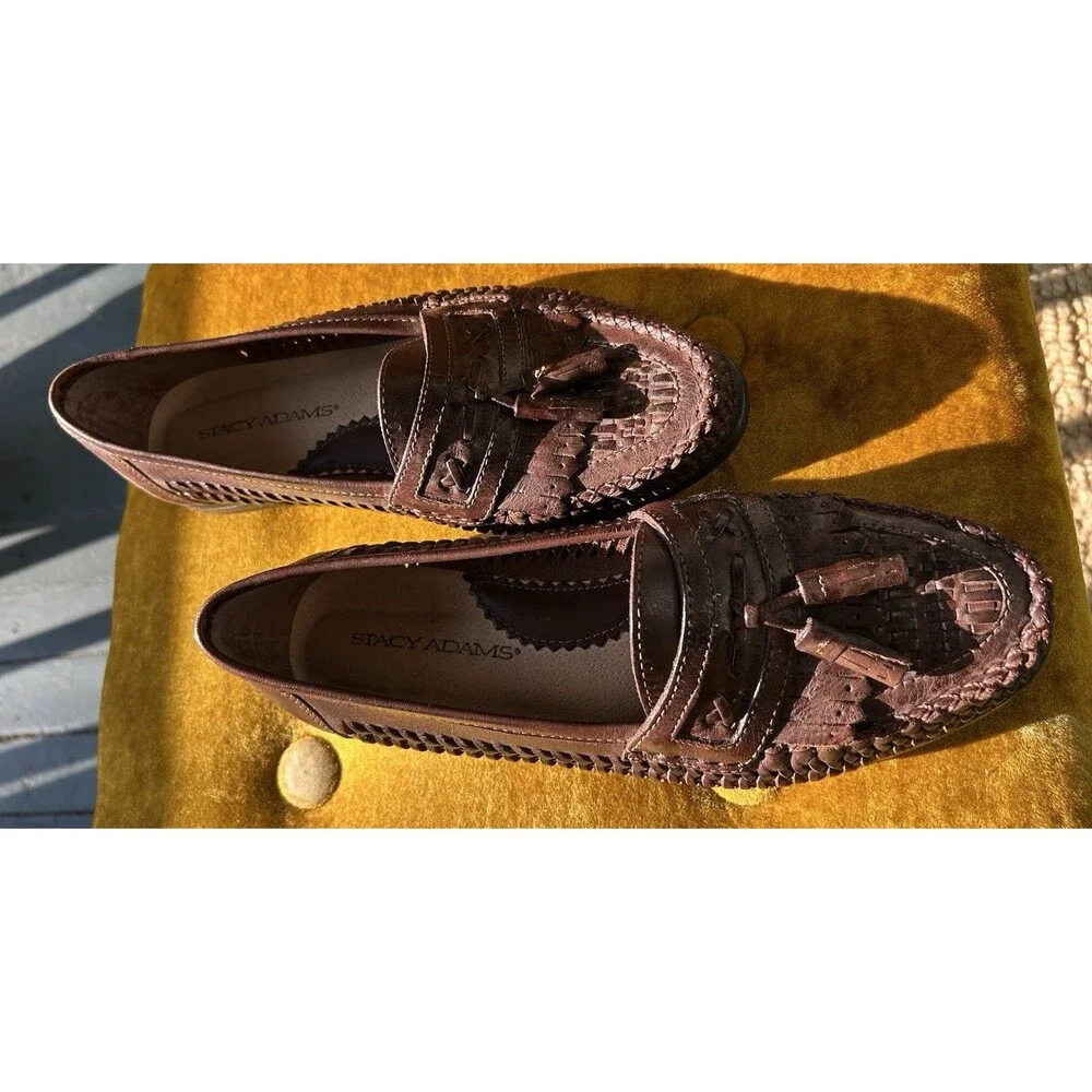 Vintage Stacy Adams Woven Leather Loafers Men’s Size 9 Mahogany Made In Brazil